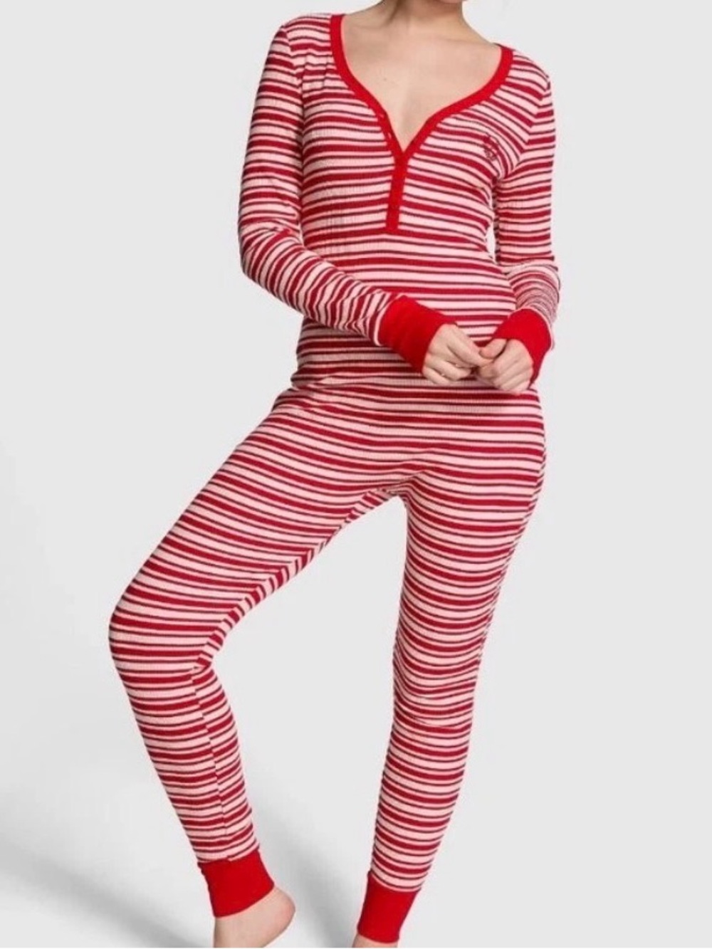 New Victoria's Secret PINK PJ Thermal one-piece Christmas Pajama Sleep Red NWT